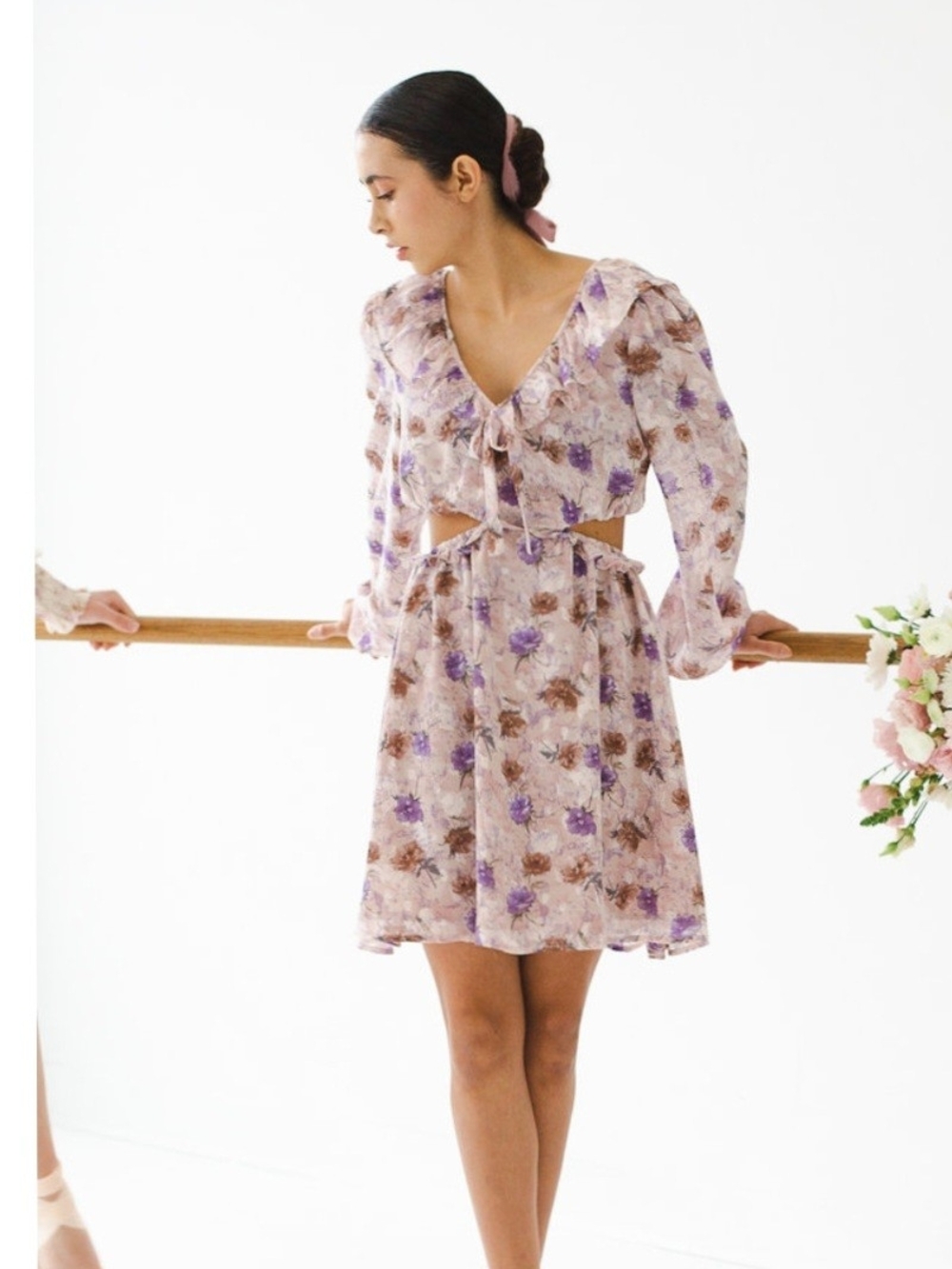 En Saison Lavender and Brown Floral Long-Sleeve Cutout Mini Dress